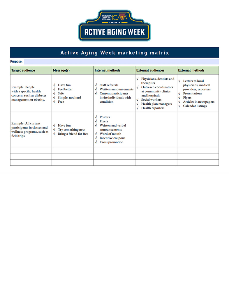 Active Aging Week five month marketing matrix