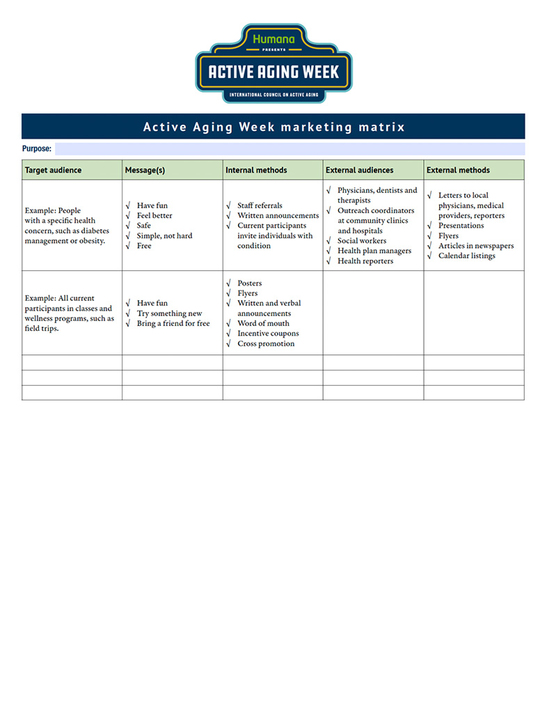 Active Aging Week five month marketing matrix